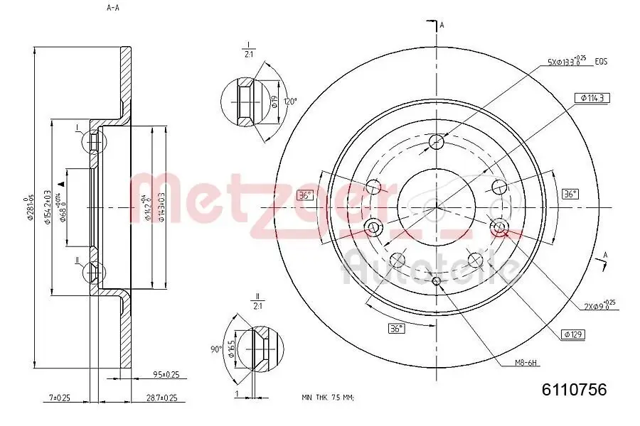 Bremsscheibe Hinterachse METZGER 6110756