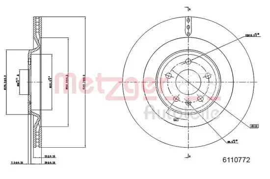 Bremsscheibe Hinterachse METZGER AUTOTEILE 6110772 Bild Bremsscheibe Hinterachse METZGER AUTOTEILE 6110772