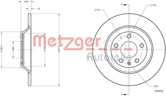 Bremsscheibe METZGER 6110778 Bild Bremsscheibe METZGER 6110778