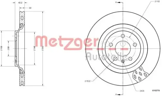 Bremsscheibe Hinterachse METZGER AUTOTEILE 6110779 Bild Bremsscheibe Hinterachse METZGER AUTOTEILE 6110779