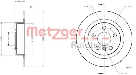 Bremsscheibe Hinterachse METZGER AUTOTEILE 6110782 Bild Bremsscheibe Hinterachse METZGER AUTOTEILE 6110782
