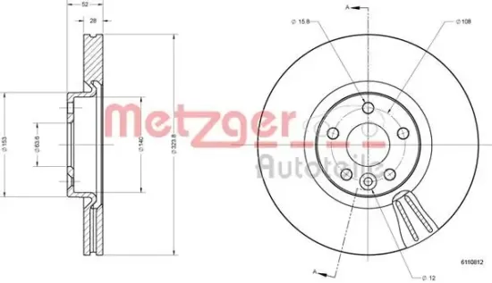 Bremsscheibe Vorderachse links Vorderachse rechts METZGER 6110812 Bild Bremsscheibe Vorderachse links Vorderachse rechts METZGER 6110812