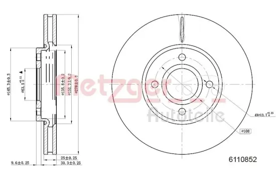 Bremsscheibe Vorderachse links Vorderachse rechts METZGER 6110852 Bild Bremsscheibe Vorderachse links Vorderachse rechts METZGER 6110852