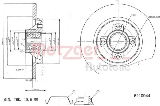 Bremsscheibe Hinterachse METZGER 6110944 Bild Bremsscheibe Hinterachse METZGER 6110944