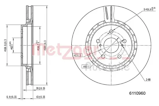 Bremsscheibe Vorderachse links Vorderachse rechts METZGER 6110960 Bild Bremsscheibe Vorderachse links Vorderachse rechts METZGER 6110960