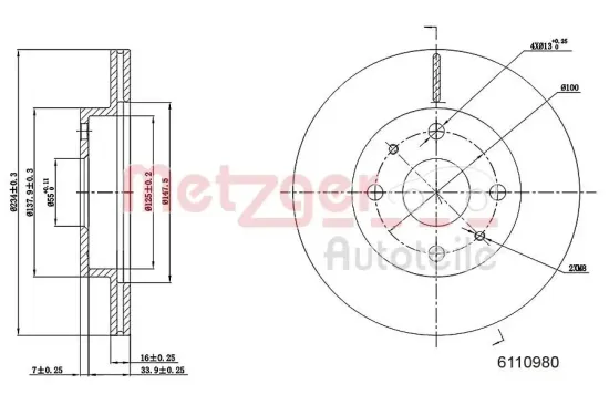 Bremsscheibe Vorderachse links Vorderachse rechts METZGER 6110980 Bild Bremsscheibe Vorderachse links Vorderachse rechts METZGER 6110980