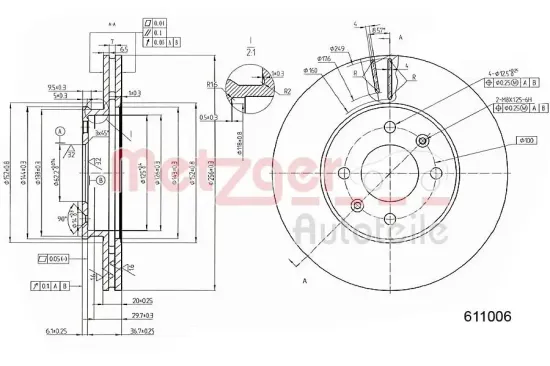 Bremsscheibe Vorderachse links Vorderachse rechts METZGER AUTOTEILE 6111006 Bild Bremsscheibe Vorderachse links Vorderachse rechts METZGER AUTOTEILE 6111006