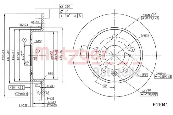 Bremsscheibe Hinterachse METZGER AUTOTEILE 6111041 Bild Bremsscheibe Hinterachse METZGER AUTOTEILE 6111041