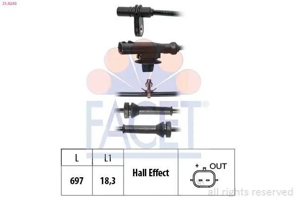 Sensor, Raddrehzahl Hinterachse rechts FACET 21.0230