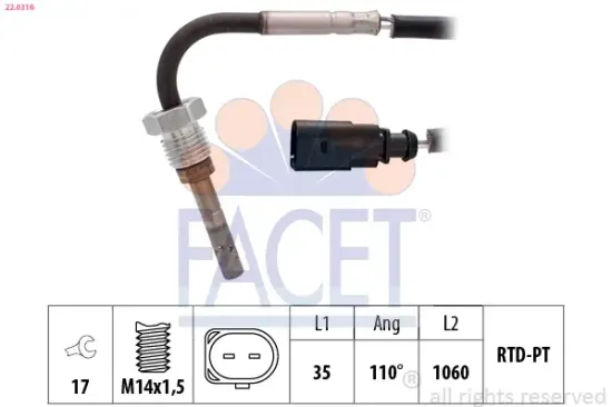 Sensor, Abgastemperatur FACET 22.0316 Bild Sensor, Abgastemperatur FACET 22.0316