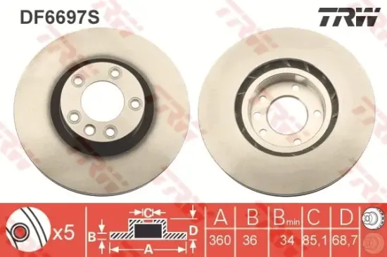 Bremsscheibe Vorderachse links TRW DF6697S Bild Bremsscheibe Vorderachse links TRW DF6697S