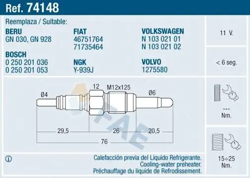 Glühkerze 11 V FAE 74148 Bild Glühkerze 11 V FAE 74148