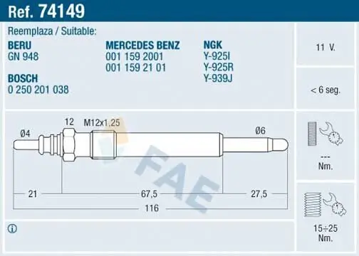 Glühkerze 11 V FAE 74149 Bild Glühkerze 11 V FAE 74149