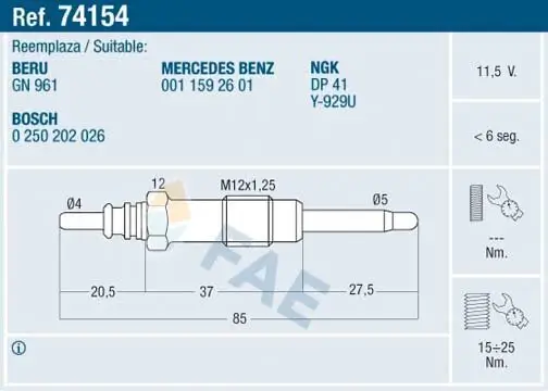 Glühkerze 11,5 V FAE 74154