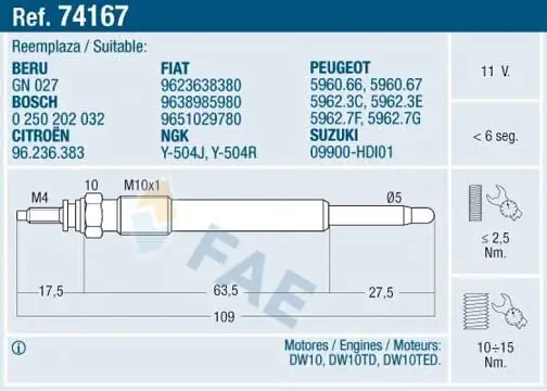 Glühkerze 11 V FAE 74167