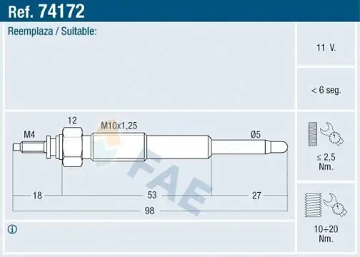 Glühkerze 11 V FAE 74172