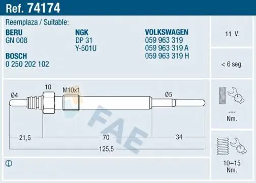 Glühkerze 12 V FAE 74174