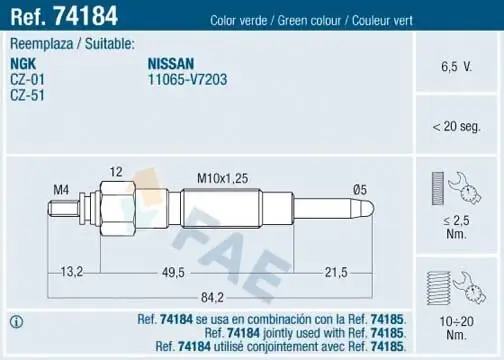 Glühkerze 6,5 V FAE 74184 Bild Glühkerze 6,5 V FAE 74184