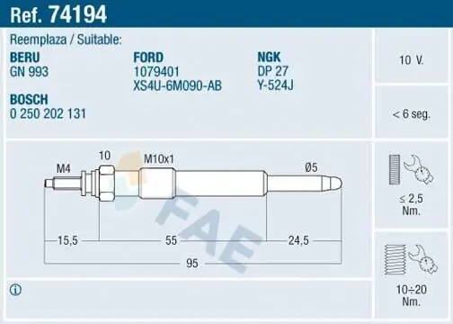 Glühkerze 10 V FAE 74194 Bild Glühkerze 10 V FAE 74194