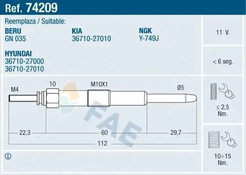 Glühkerze 11 V FAE 74209