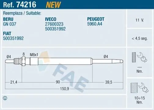 Glühkerze 11 V FAE 74216 Bild Glühkerze 11 V FAE 74216