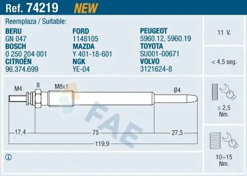 Glühkerze 11 V FAE 74219