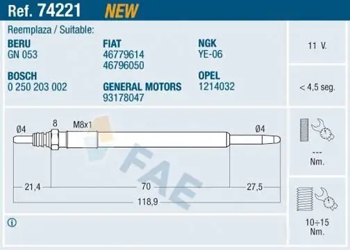 Glühkerze 11 V FAE 74221