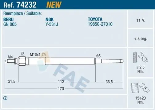 Glühkerze 11 V FAE 74232