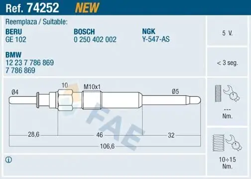 Glühkerze 5 V FAE 74252 Bild Glühkerze 5 V FAE 74252