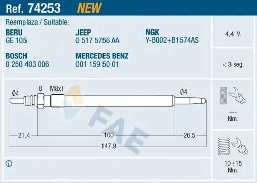 Glühkerze 4,4 V FAE 74253 Bild Glühkerze 4,4 V FAE 74253