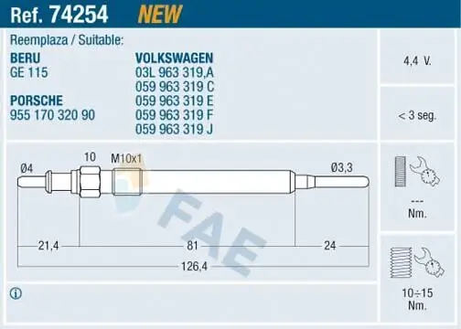 Glühkerze 4,4 V FAE 74254