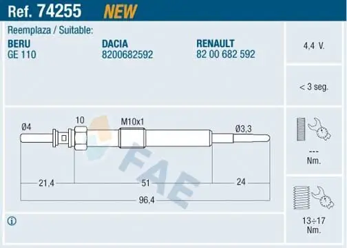 Glühkerze 4,4 V FAE 74255