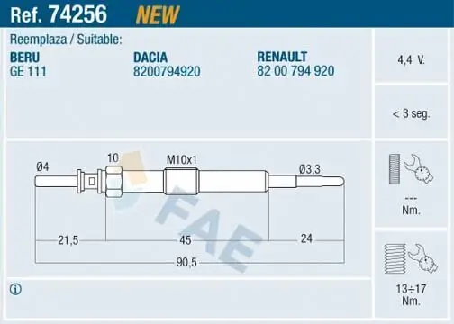 Glühkerze 4,4 V FAE 74256 Bild Glühkerze 4,4 V FAE 74256
