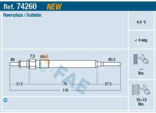 Glühkerze 4,4 V FAE 74260 Bild Glühkerze 4,4 V FAE 74260