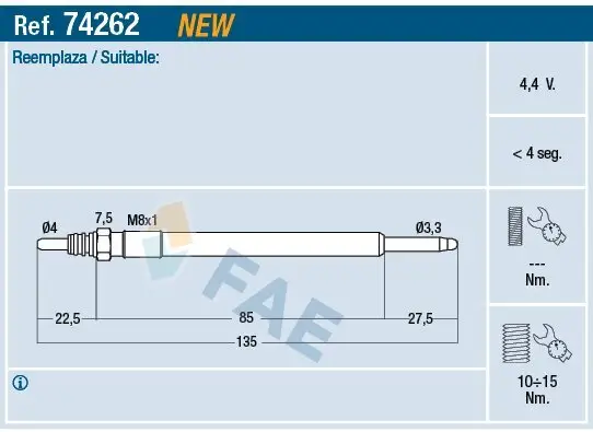 Glühkerze 4,4 V FAE 74262 Bild Glühkerze 4,4 V FAE 74262