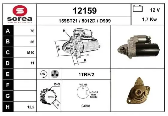Starter 12 V 1,7 kW EAI 12159 Bild Starter 12 V 1,7 kW EAI 12159