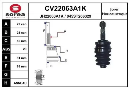 Gelenksatz, Antriebswelle Vorderachse EAI CV22063A1K Bild Gelenksatz, Antriebswelle Vorderachse EAI CV22063A1K