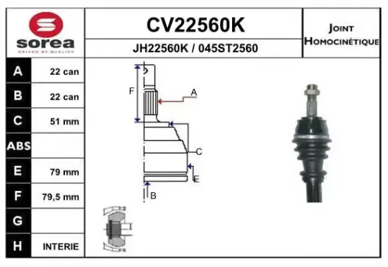 Gelenksatz, Antriebswelle Vorderachse radseitig EAI CV22560K Bild Gelenksatz, Antriebswelle Vorderachse radseitig EAI CV22560K