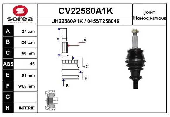 Gelenksatz, Antriebswelle Vorderachse radseitig EAI CV22580A1K