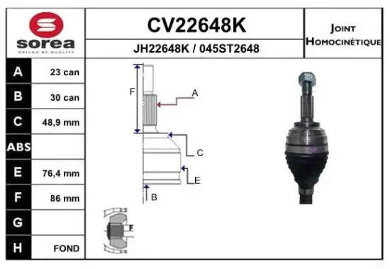 Gelenksatz, Antriebswelle Vorderachse radseitig EAI CV22648K Bild Gelenksatz, Antriebswelle Vorderachse radseitig EAI CV22648K