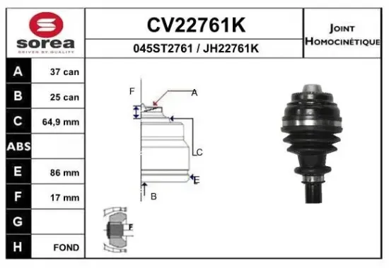Gelenksatz, Antriebswelle Vorderachse EAI CV22761K Bild Gelenksatz, Antriebswelle Vorderachse EAI CV22761K
