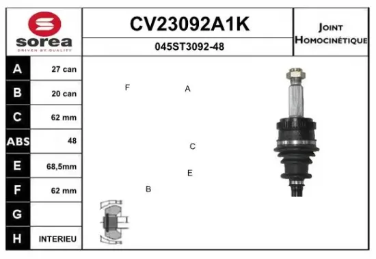 Gelenksatz, Antriebswelle Hinterachse radseitig EAI CV23092A1K Bild Gelenksatz, Antriebswelle Hinterachse radseitig EAI CV23092A1K