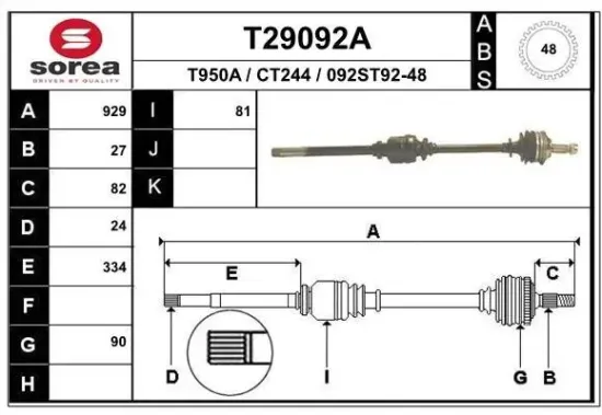 Antriebswelle Vorderachse rechts EAI T29092A Bild Antriebswelle Vorderachse rechts EAI T29092A