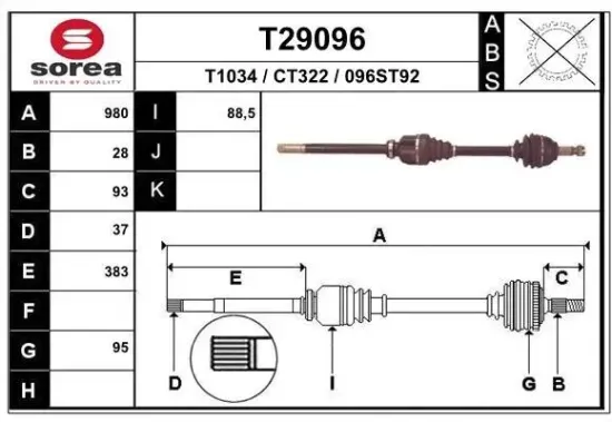 Antriebswelle Vorderachse rechts EAI T29096 Bild Antriebswelle Vorderachse rechts EAI T29096