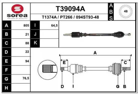 Antriebswelle Vorderachse rechts EAI T39094A Bild Antriebswelle Vorderachse rechts EAI T39094A
