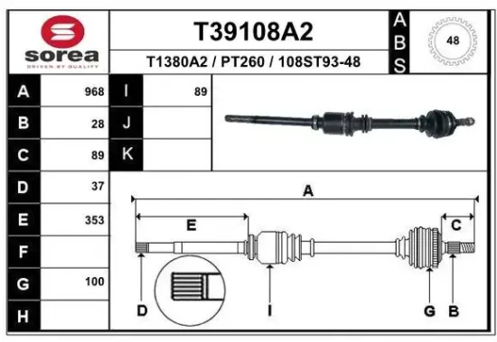 Antriebswelle Vorderachse rechts EAI T39108A2 Bild Antriebswelle Vorderachse rechts EAI T39108A2