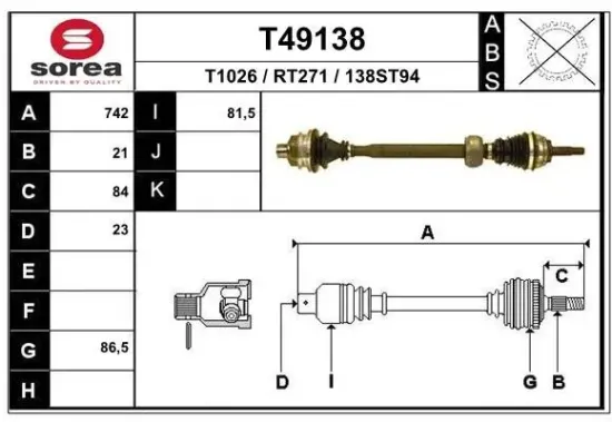 Antriebswelle Vorderachse rechts EAI T49138 Bild Antriebswelle Vorderachse rechts EAI T49138