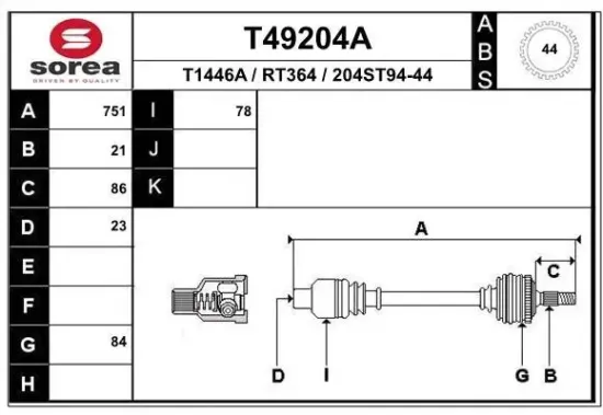 Antriebswelle Vorderachse rechts EAI T49204A Bild Antriebswelle Vorderachse rechts EAI T49204A