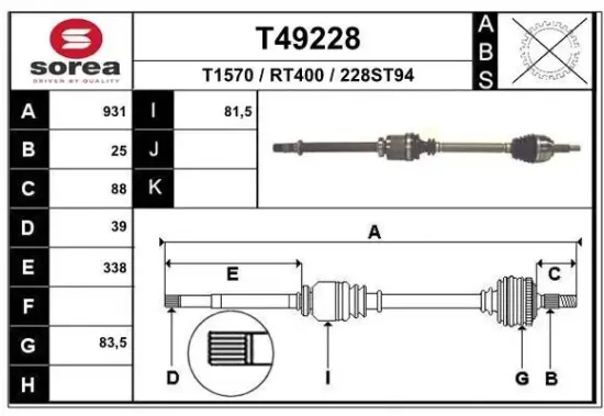 Antriebswelle Vorderachse rechts EAI T49228 Bild Antriebswelle Vorderachse rechts EAI T49228