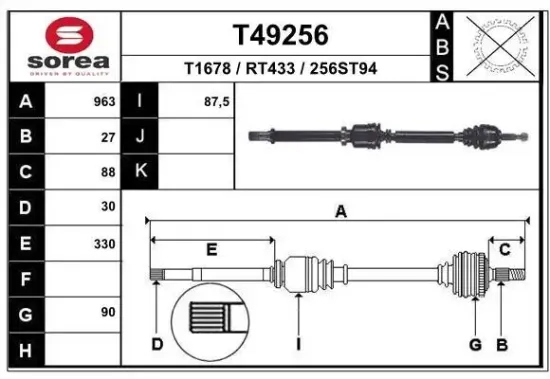 Antriebswelle Vorderachse rechts EAI T49256 Bild Antriebswelle Vorderachse rechts EAI T49256